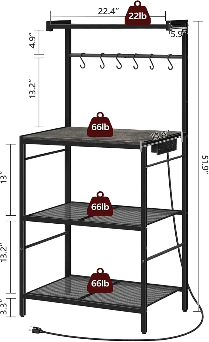 MAHANCRIS Bakers Rack with Power Outlet, Kitchen Storage Shelf with 6 Hooks, Microwave Stand with Storage, 4-Tier Coffee Bar Station, for Kitchen, Dining Room, Charcoal Gray and Black BRHT35E01N1