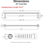 FORIOUS Towel Bar Wall Mounted, Stainless Steel Towel Racks for Bathroom, Includes Wall Mounting Hardware (Chrome, 32 Inch)