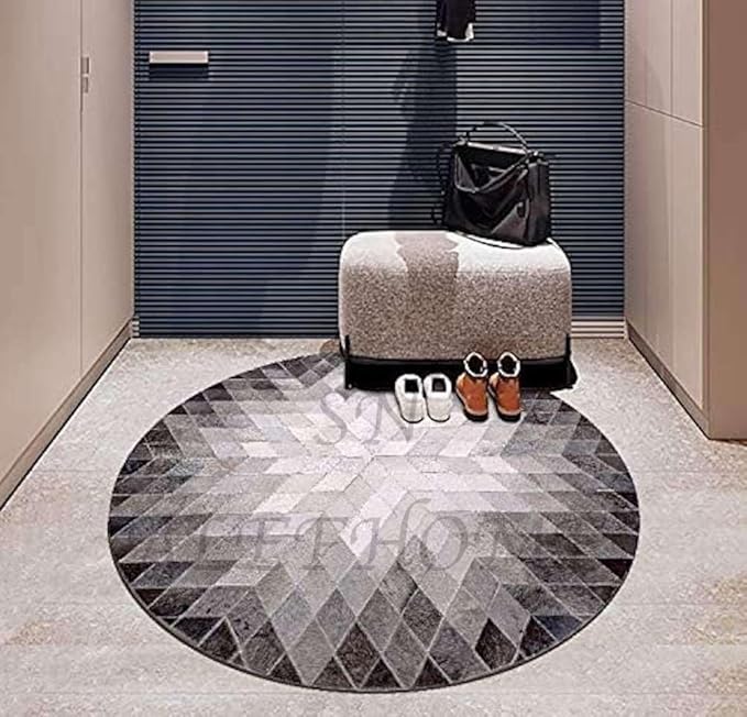 Cowhide Hairon Leather Round Rug, Geometric Patterned Circle Carpet for Living Room, Bedroom, Hall, Brown, 4×4ft