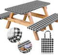 RNOONY Vinyl Fitted Picnic Table Cover with Bench Covers and Bag,8ft Outdoor Waterproof Picnic Tablecloth with Elastic Edges, 96x30 Inches 3 Pcs Set (Black Checkered)