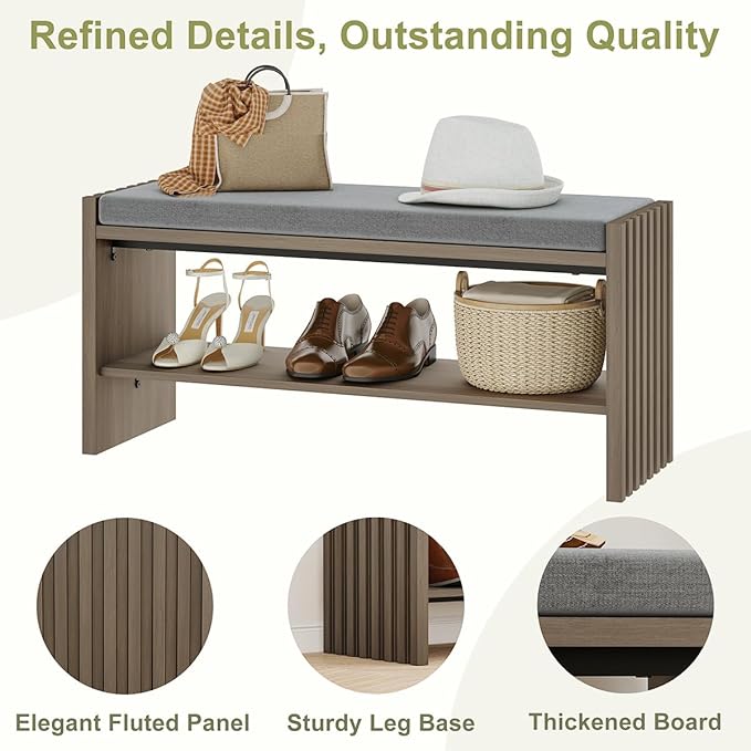 BON AUGURE Shoe Storage Bench Bedroom, Entryway Bench with Cushion, Ottoman Benches for Living Room Hallway Entry (Greige Oak, 40 Inch Wide)
