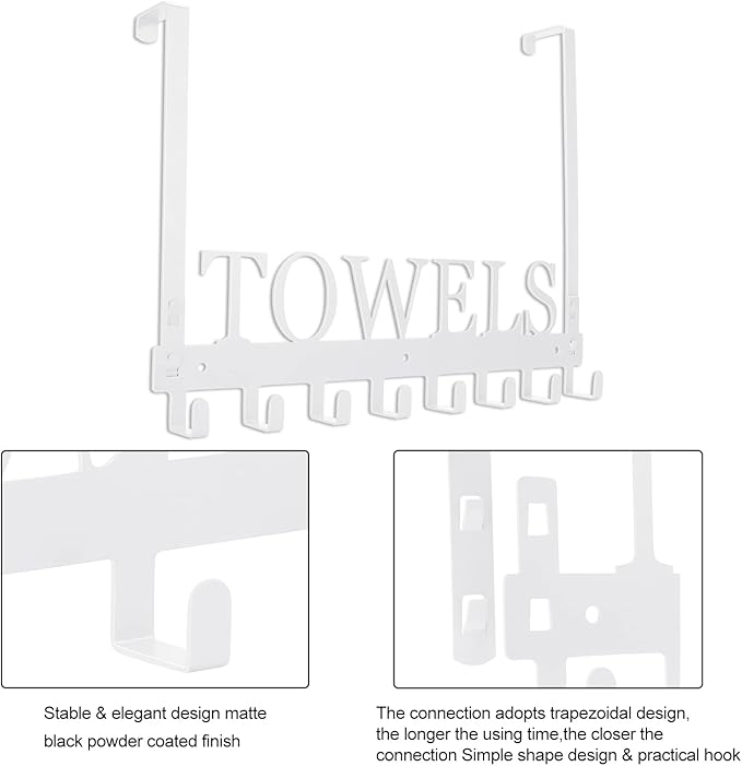 Over The Door Hooks, Towel Rack for Bathroom Towel Holder for Hanging Heavy Duty, Wall Mount Towel Hanger with 8 Hooks for Bedroom Bathroom Kitchen Towels,White