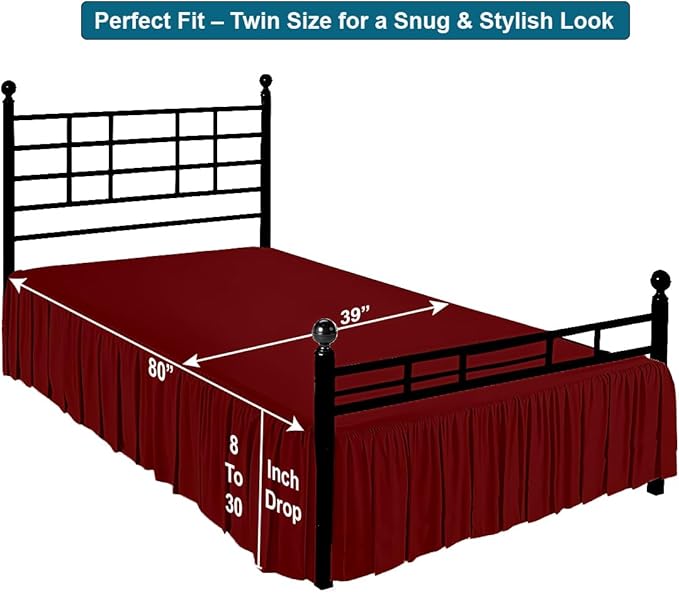 Shreem Linen Ruffled Bed Skirt with Split Corners, Gathered Style, 100% Microfiber, 28-Inch Drop, Dust Ruffle Bedskirt with Platform, Twin, Burgundy