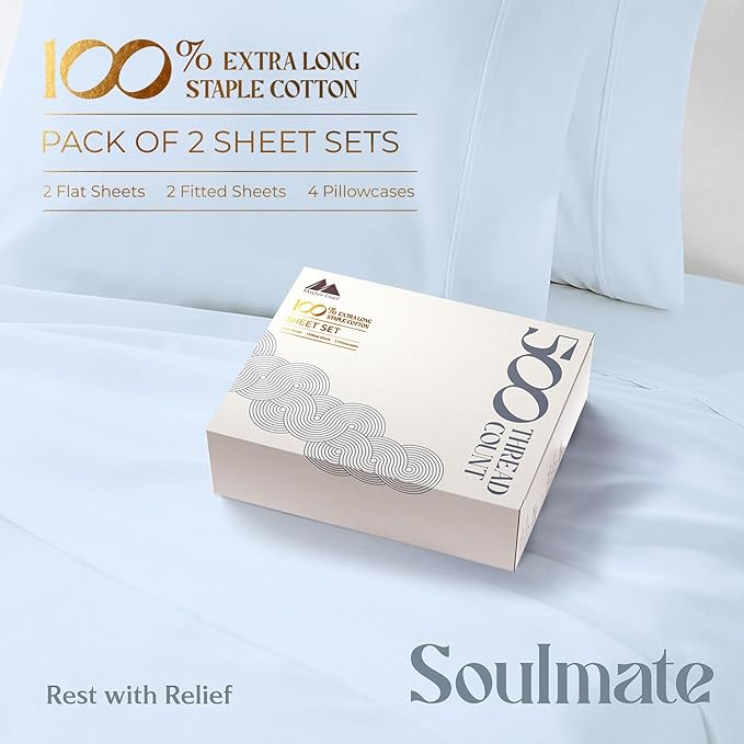 Mayfair Linen 100% Egyptian Cotton 2 Pack Twin Sheet Set - 500 Thread Count Cotton Sheets Twin Size (6 PC, Light Blue), Extra Soft, Cooling, Sateen Weave, 16" Deep Pocket College Dorm Room Bed Sheet