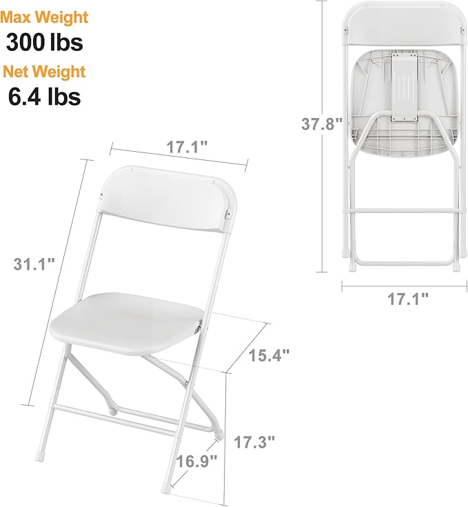Allpop 4 Pack Plastic Folding Chair, 300lb Capacity, Portable Commercial Chair Seat with Steel Frame for Office Wedding Party Indoor Outdoor Events, Stackable, White
