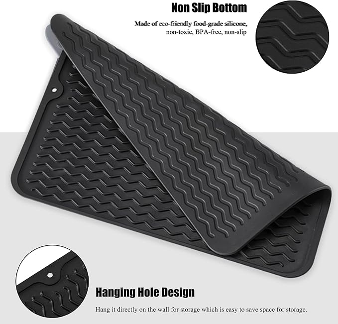 Large 24" x 18" Silicone Dish Drying Mat for Kitchen Counter, Easy clean, Quick Dry, Heat-resistant Dish Drainer Mat for Sink,Refrigerator or Drawer liner (Food Grade Silicone-Black)
