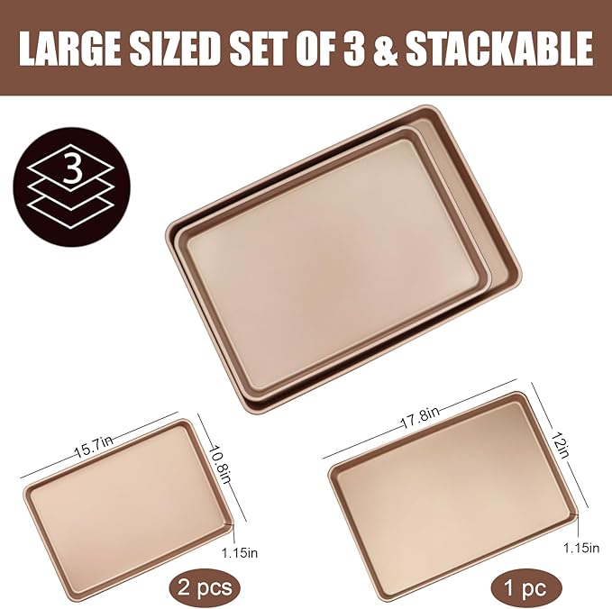 JOHO BAKING 3-Pack Nonstick Carbon Steel Baking Sheet Set | Heavy Duty 0.8mm Cookie Sheets - Large 17.8"x12" & 2 Medium 15.7"x10.8" Commercial Gold Pans for Oven, Roasting & Toaster