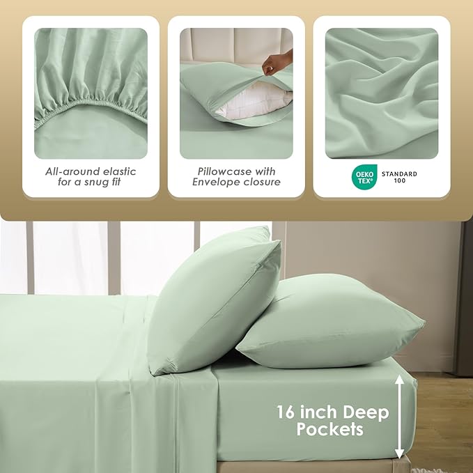 Holtel Luxury Twin Size Sheet Set - 3 Piece Soft Microfiber Sheets for Twin Size Bed, 16" Deep Pocket Easy Care Wrinkle Free Cooling Bedding Sheet and Pillowcase Set, Sage Green