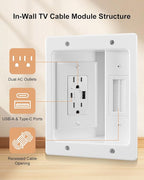 TV Cord Hider for Wall Mounted TV with Recessed Wall Outlet, in-Wall Cable Management Kit with 9.84ft Cord, DIY Installation Kit with Hardware, for Workspace Living Room (2AC + USB-A + USB C)