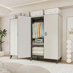 Heavy Duty Covered Clothes Rack with Magnetic Door Foldable Portable Wardrobe Closet for Hanging Clothing Rolling Black Metal Garment Rack on Wheels Closet System (White, 49.12in)