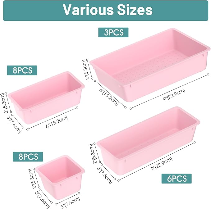 WOWBOX 25 PCS Plastic Drawer Organizer Set, 4 Sizes Desk Drawer Divider Organizers and Storage Bins for Makeup, Jewelry, Gadgets for Kitchen, Bedroom, Bathroom, Office, Pink