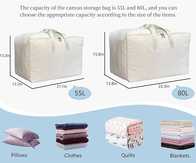 DoYiKe Soft Large Canvas Comforter Storage Bags with Four Carrying Handles and Clear Window, Closet Organizer for Clothing, Blankets Sheets Pillows and Bedding, 80L, Beige