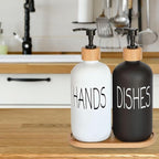 Glass Soap Dispenser Set, Hand Soap and Dish Soap Dispenser with Bamboo Tray. Vintage Soap Dispenser with Pump for Kitchen Drain Outlet and Bathroom. Stylish Permanent Labels (Matte Black&White)