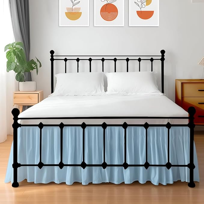 Shreem Linen Ruffled Bed Skirt with Split Corners, Gathered Style, 100% Microfiber, 24-Inch Drop, Dust Ruffle Bedskirt with Platform, Twin-XL, Light Blue