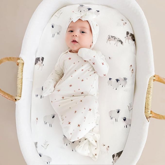 Stretchy Ultra Soft Fitted Bassinet Sheet Set 3 Pack, Universal Fit for Bassinets Baby Cradle Moses Basket Oval Rectangle Mattress Safe and Snug, Cute Watercolor Cows and Birds Print