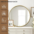 Round Bathroom Wall Mirror, 28"x28" Antique Gold Metal Beaded Frame Vanity Mirror, Wall Mounted Large Circle Makeup Mirror for Bedroom, Living Room, Entryway