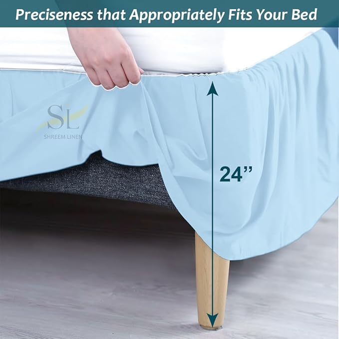 Shreem Linen Ruffled Bed Skirt with Split Corners, Gathered Style, 100% Microfiber, 24-Inch Drop, Dust Ruffle Bedskirt with Platform, Twin-XL, Light Blue