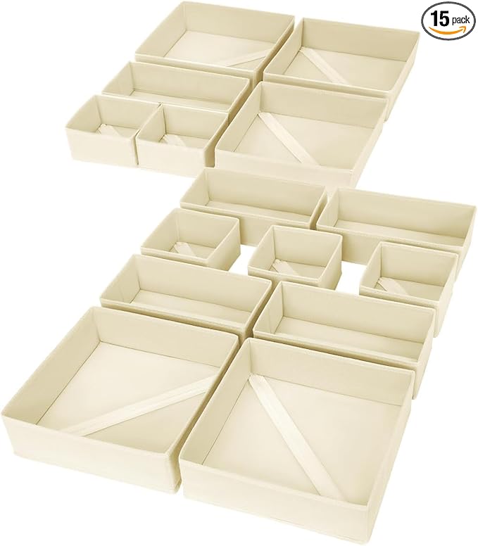 DIMJ Drawer Organizer Clothes, 15 Pack Dresser Organizer, Foldable Closet Organizers and Storage, Fabric Dresser Bins, Drawer Dividers for Nursery, Baby Clothes, Underwears, Sock (Beige)