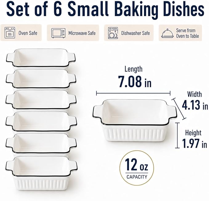 6 Pcs Ceramic Baking Dish, 12 Oz Small Casserole Dish with Handle, Porcelain Bakeware Sets, 5 inch Rectangular Lasagna Pans, Baking Serving Dishes for Casserole, Cakes, Dishwasher Oven Safe