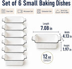 6 Pcs Ceramic Baking Dish, 12 Oz Small Casserole Dish with Handle, Porcelain Bakeware Sets, 5 inch Rectangular Lasagna Pans, Baking Serving Dishes for Casserole, Cakes, Dishwasher Oven Safe