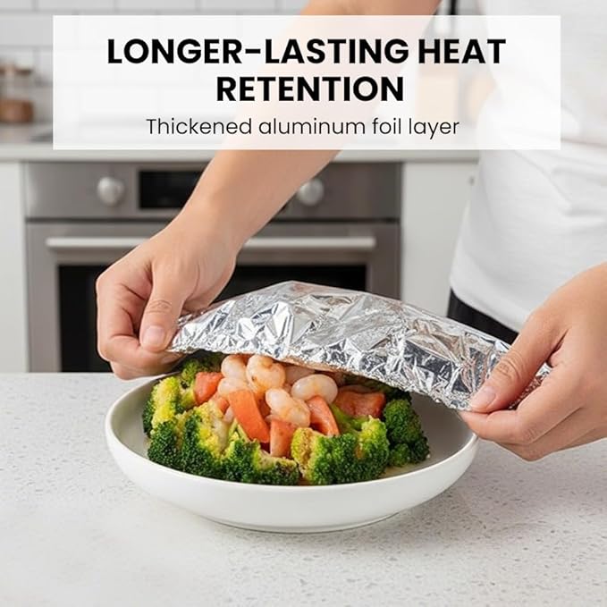 Reusable Aluminum Foil Food Covers: Heat-Insulating, Freshness-Preserving, Flexible Kitchen Lids for Meal Prep, Baking, and Food Storage (50)