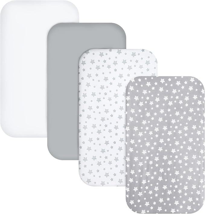 Pack and Play Sheets, 4 Pack Mini Crib Sheets, Stretchy Pack n Play Playard Fitted Sheet, Compatible with Graco Pack n Play, Soft and Breathable Material, Grey