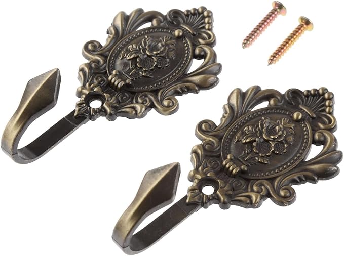 4Pcs Curtain Tiebacks Hook Vintage Bronze Rose Pattern Carved Wall Hooks Key Hook Clothes Hanger Bathroom Bedroom Multi-Function Decorative Hook with Screws