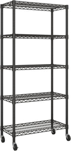 Golpart 5 Tier Shelves Storage Shelf Wire Closet Bathroom Organizers Metal Pantry Kitchen Garage Shelving Unit Laundry Room Organization Home Rack Net Basket Black with Wheels 14”D X 30”W X 70”H