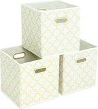 Fabric storage bins Cubes, Fabric Cube Organizer with Handle, Foldable Cube Bins for Cloth or Accessary Storage, 11x11x11, Set of 3, (Creamy-White Gold)