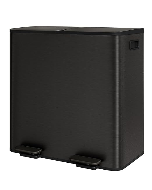 GarveeHome 2 x 10.6 gal (2 x 40 L) Double Kitchen Trash Can, Stainless Steel Large Trash Can w/Soft-Close Lid & Recycle Bin Combo, Step-on Metal Garbage Cans, PP Inner Buckets, Liner Rim, Black