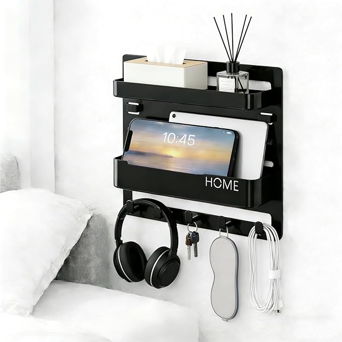 JWShang Bedside Wall Shelf - Adhesive Nightstand Organizer with Hooks and Cable Clips for Earphone Key Remote, Wall Mounted Storage for Bedroom, Dorm, RV, Rental (Black)