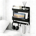 JWShang Bedside Wall Shelf - Adhesive Nightstand Organizer with Hooks and Cable Clips for Earphone Key Remote, Wall Mounted Storage for Bedroom, Dorm, RV, Rental (Black)