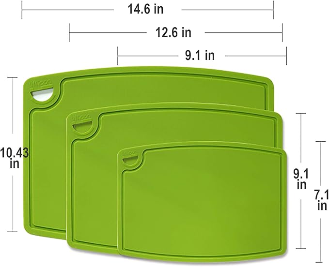 Liflicon Silicone Thick Cutting Boards Mats Set of 3 Foldable & Flexible Design Juice Grooves Easy Grip Handle Dishwasher Safe for Kitchen,BPA free Silicone Cutting Board-Green