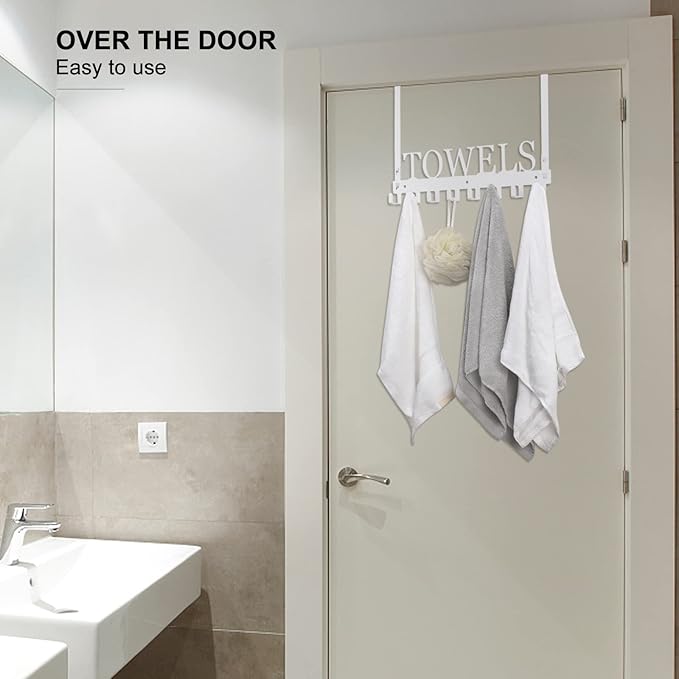 Over The Door Hooks, Towel Rack for Bathroom Towel Holder for Hanging Heavy Duty, Wall Mount Towel Hanger with 8 Hooks for Bedroom Bathroom Kitchen Towels,White