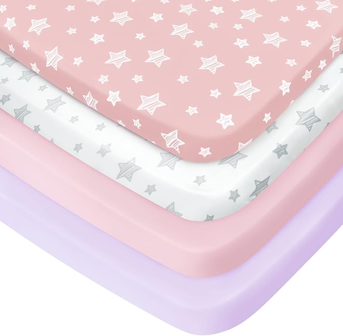 Pack and Play Sheets Girl, 4 Pack Mini Crib Sheets, Stretchy Pack n Play Playard Fitted Sheet, Compatible with Graco Pack n Play, Soft and Breathable Material, Pink