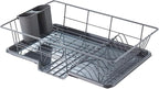 Sweet Home Collection Space-Saving 3-Piece Dish Drainer Rack Set: Efficient Kitchen Organizer for Quick Drying and Storage - Includes Cutlery Holder and Drainboard - Maximize Countertop Space, Gray