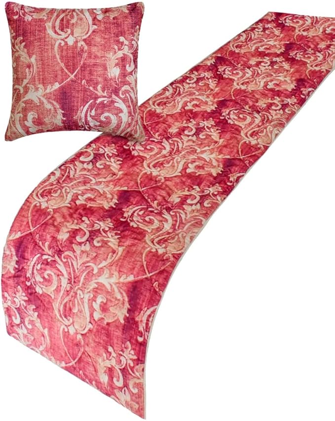 The HomeCentric King/Queen/Twin Pink Decorative Queen 74"x18" Bed Runner with Two Pillow Cover, Damask, Quilted Bed Scarf on Velvet Fabric - Pink Dalliance
