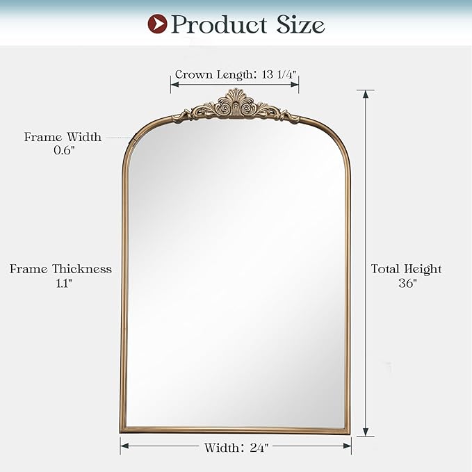 24" x 36" Antique Gold Arched Mirror for Wall, Vintage Brass Bathroom Mirror with Metal Frame, Bronze Ornate Gold Vanity Mirror for Entryway, Mantel, Powder Room