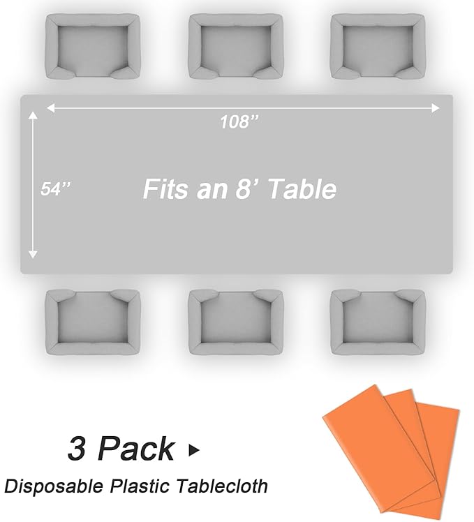 QIKSION Orange Plastic Table Cloth Disposable 3 Pack, 54 x 108 Inch Tablecloths for Party, Graduation, Halloween, Thanksgiving Decorations, Harvest, Fall, Rectangle Table Cover