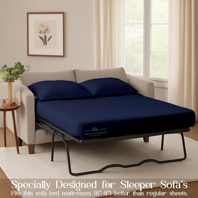 Sleeper Sofa 4 Piece Bed Sheet Set Premium Quality 100% Cotton 500 Thread Count, Smooth & Super Soft Sateen Weave, Extra Soft Bed Sheets, Wrinkle Free, 4 Inch Deep Pocket (Queen, Navy)