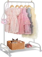 YGJT Kids Clothing Rack, Baby Clothes Racks for Hanging Clothes with Wheels and Bottom Storage Shelf, Small Toddler Garment Rack Kids Dress Up Storage Wardrobe for Coats, Skirts, Dance Costume(White)