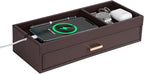 HofferRuffer Valet Jewelry Tray Organizer with Drawer, Faux Leather Storage Catchall Box Phone Charging Station Tray with Dresser Nightstand Desktop Drawer Organizer (Dark Brown)