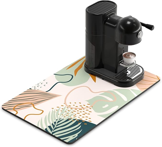 Rnivvi Coffee Mat, 12" x 19" Cute Boho Theme Coffee Bar Mats for Espresso Machine Station Accessories and Organizer, Hide Stain Rubber Backed Absorbent Dish Drying Pad for Kitchen Counter, Tropical