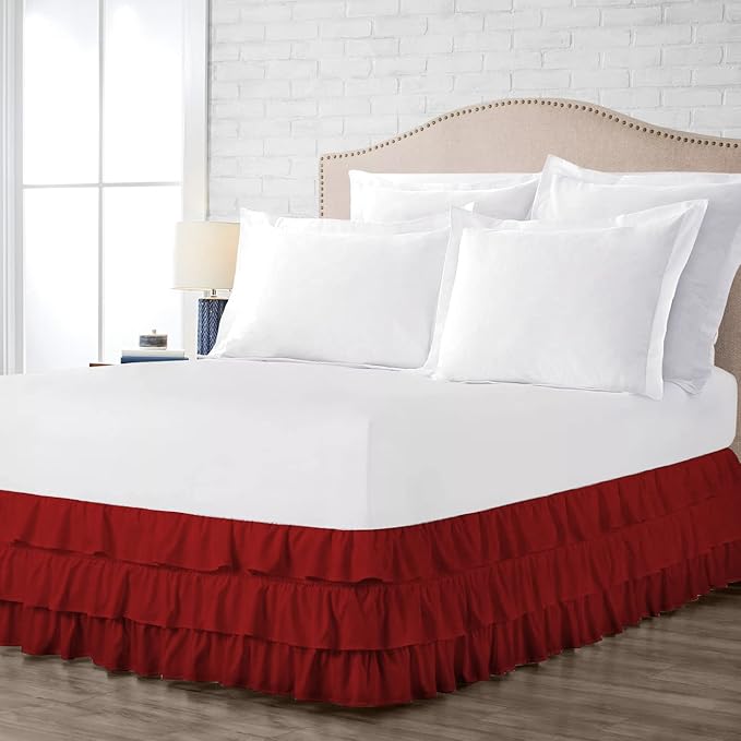 Multi-Ruffle Bed Skirt, Soft Multi Elastic Dust Ruffles with Wrap Around Bed Skirt Easy Fit with 18 Inch Drop 100% Cotton 800 Thread Count (California King, Burgundy)