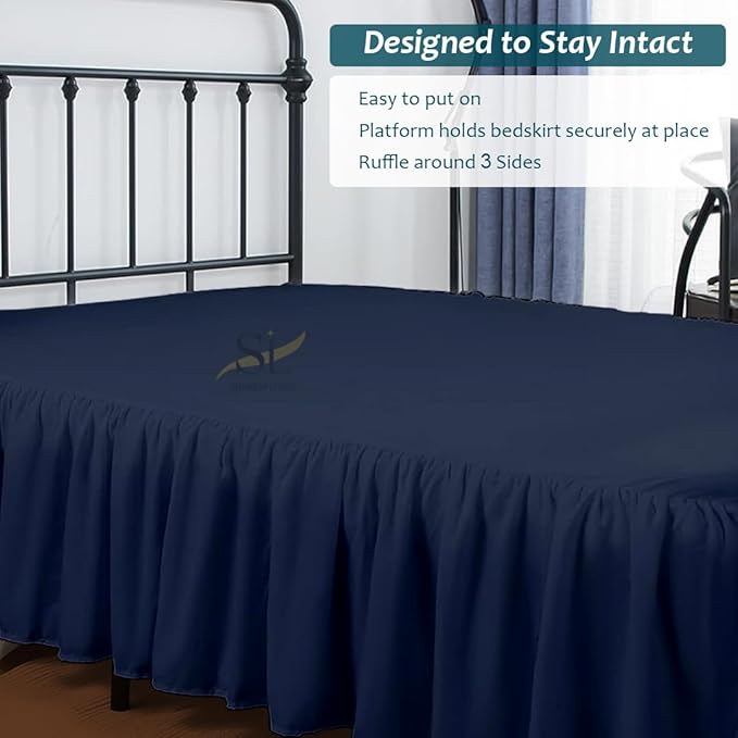 Shreem Linen Ruffled Bed Skirt with Split Corners, Gathered Style, 100% Microfiber, 30-Inch Drop, Dust Ruffle Bedskirt with Platform, Queen, Navy Blue