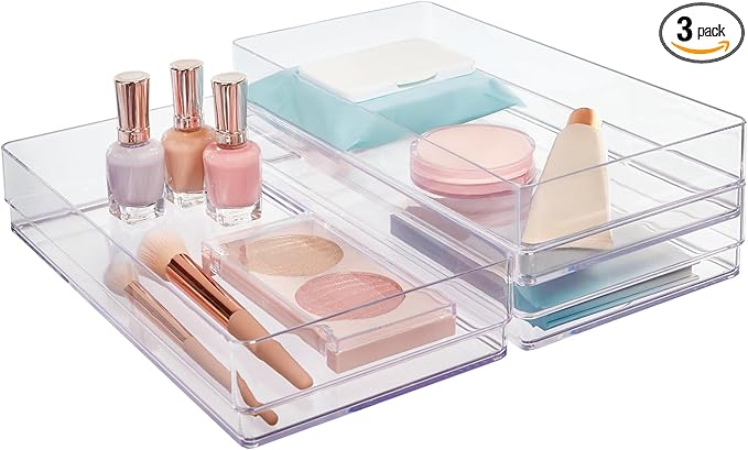 STORi SimpleSort 3-Piece Stackable Clear Drawer Organizer Set | 12" x 6" x 2" Rectangle Trays | Wide Makeup Vanity Storage Bins and Office Desk Drawer Dividers | Made in USA