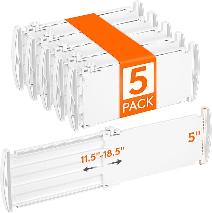 Lifewit 5" Tall 5 Pack Drawer Dividers, 30-47cm/11.5-18.5" Expandable Drawer Divider for Clothes, Adjustable Dresser Drawer Organizers, Drawers Separators for Dresser/Bathroom/Closet/Kitchen White