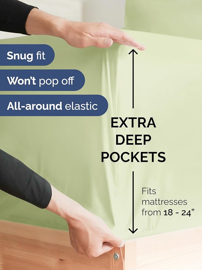 Extra Deep Split King Fitted Sheet - Hotel Luxury Single Fitted Sheet Only - Easily Fits 18 to 24 inch Mattress - Ultra Soft, Wrinkle Free w/Extra Deep Pockets - Breathable & Comfy - Light Sage Green