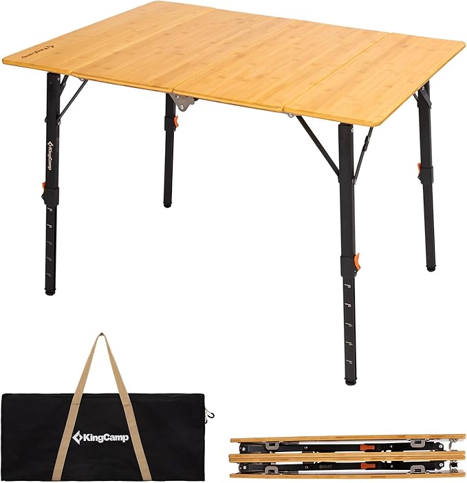 KingCamp Bamboo Folding Table, 4-Fold Camping Adjustable Height Portable Outdoor Lightweight & Compact Table with Aluminum Frame for RV Picnic BBQ Tailgating