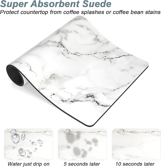 Rnivvi Coffee Mat, 12" x 19" Cute Marble Style Coffee Bar Mats for Espresso Machine Station Accessories and Organizer, Hide Stain Rubber Backed Absorbent Dish Drying Pad for Kitchen Counter, White
